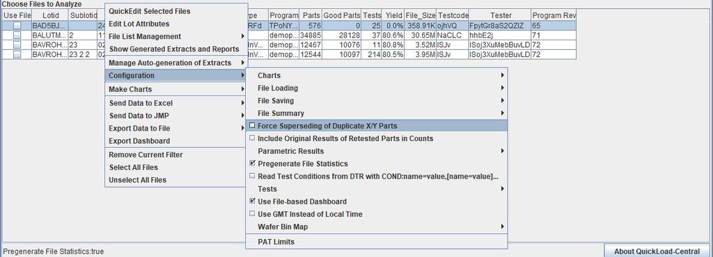 The Configuration menu includes global settings, PAT Limits, and the following submenus: Charts File Loading File Saving File Summary Parametric Results Tests Wafer Bin Map Global settings, PAT