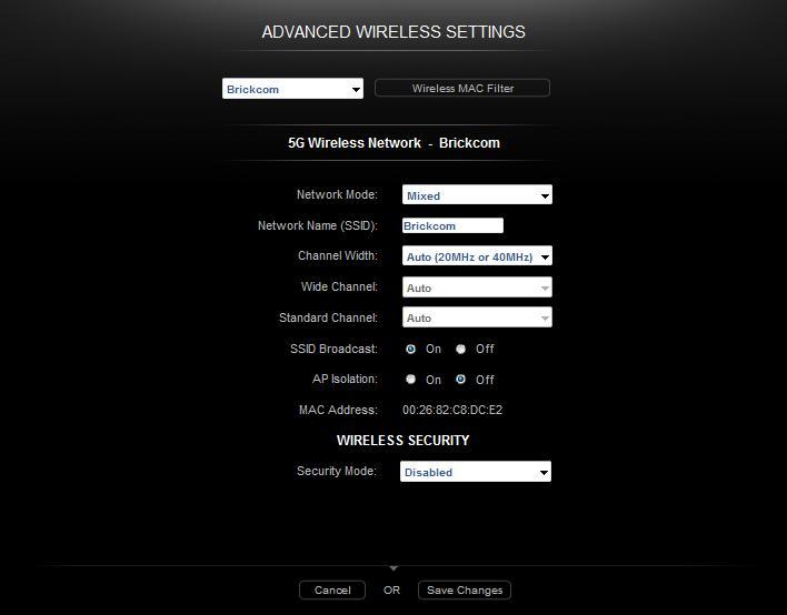 Advanced A new menu will be displayed showing the advanced options available for the Advanced Wireless Settings. Choose a Network Name from the drop down list to change the settings for that network.