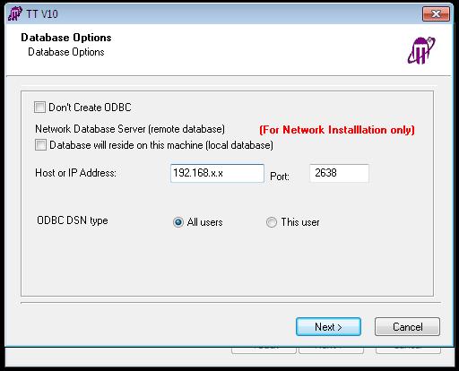14. De-select "Database will reside on this machine (local database) and provide Host name or IP-address to connect to centralized database (Sybase Adaptive Server Anywhere, only).