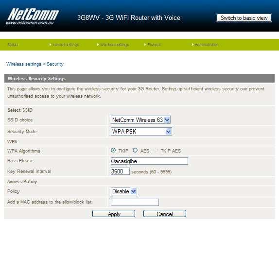 7. The Wireless security settings can also be changed on the 3G8WV in the Advanced View Interface.