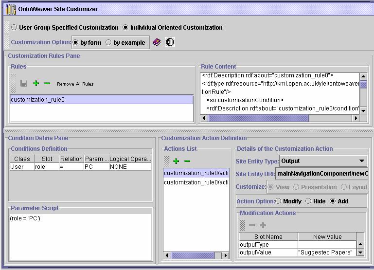 called Site Customizer (as shown in figure 6) to allow the customization rules to be defined and managed by means of user friendly interfaces.