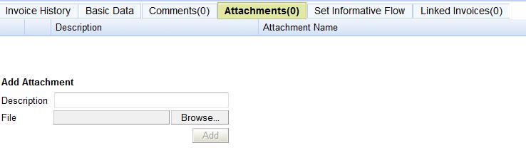 Allows you to attach a file to the invoice, remove a file from the invoice or to view attachments. Note: the size of the attachment cannot be more than 4 MB.