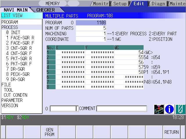 4.3 Screens Related to the Process Edit Functions This screen is used to generate a NC program for the Multiple Parts