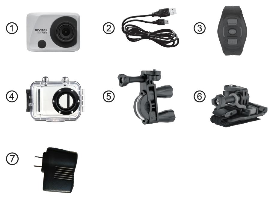What s Included 1. Action Camcorder 5. Bicycle Mount 2. USB Cable 6. Helmet Mount & Band 3.