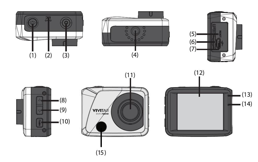 Parts of the Camcorder 1. Shutter / OK button 9. Down / Zoom Out Button 2. Microphone 10. Menu / Back Button 3. Power / Mode Button 11. Lens 4. Tripod Mount 12. LCD Screen 5.