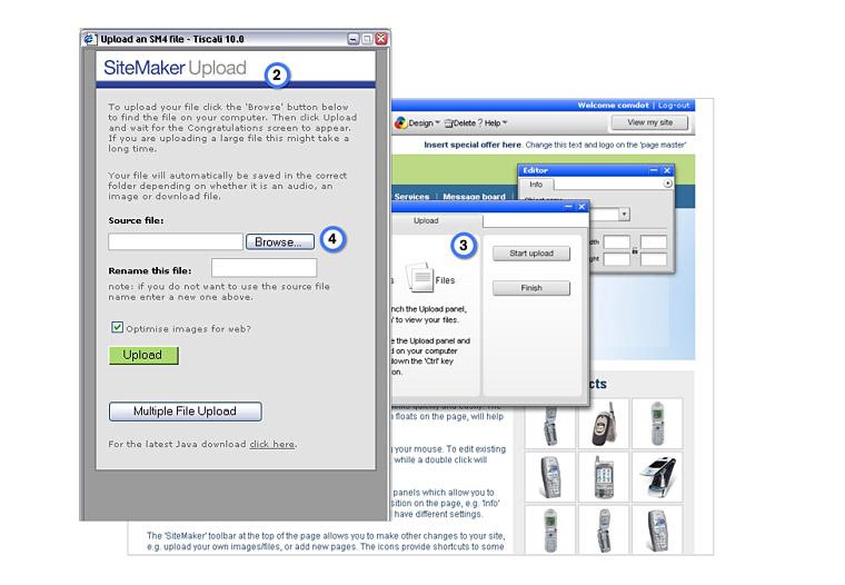 (Screen 1, Number 1) Screen 2 Once you have clicked 'Upload' two things will happen: i) a new window will open with the 'SiteMaker Upload' functions (Screen 2,