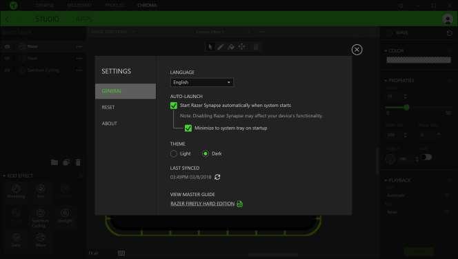 SETTINGS WINDOW The Settings window, accessible by clicking the ( ) button on Razer Synapse 3, enables you to configure the startup behavior, change language, view your Razer device s master guide,