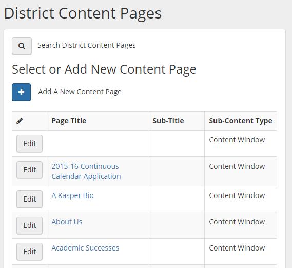 Content Pages In the content page area this is where you can access all content pages that have been created through the Navigation