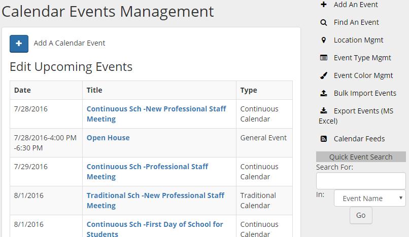 Building Events/Calendar Events In this area you will add all events except for your Athletics and the Board of Education Events. 1. Add Calendar Event 2. Add Event Name/Title 3. Select Event Type 4.