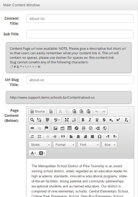 You have the option to add a content page title and subtitle. You also have the option to add a customizable URL slug. NOTE: This is the link you would use to link out to this page.