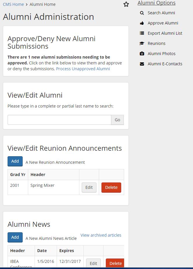 On the Alumni module you have a few options with getting information to Alumni s that have signed up. 1. You can send out e-mails to those that have signed up for the Alumni 2. Post News articles 3.