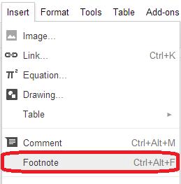 27 Google Docs Inserting a Footnote To create a footnote in Google Docs, place your cursor after the word where you want your footnote to be placed. Click Insert > Footnote.