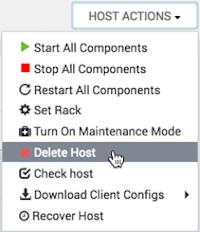 Managing Hosts 1. Using Ambari Web, browse the hosts page to find and click the FQDN of the host that you want to delete. 2. On the Host page, click Host Actions. 3. Click Delete Host.