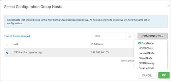 Managing host configuration groups 2. Click Add Hosts to selected Configuration Group. 3. Using Select Configuration Group Hosts, click Components, then click a component name from the list.