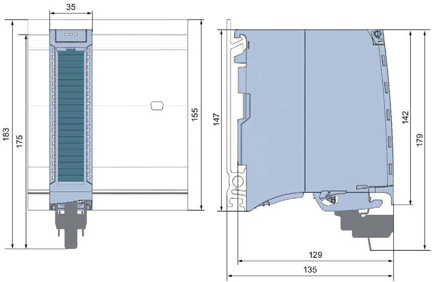 Dimensional drawing A The dimensional drawing of the module on the mounting rail, as well as a dimensional drawing with open front panel, are provided in the appendix.