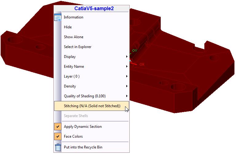 5 - Editing 5.3 - Stitching Models Stitching in the Part Context Menu In the first 2 cases, you have to make a model or face selection and validate.