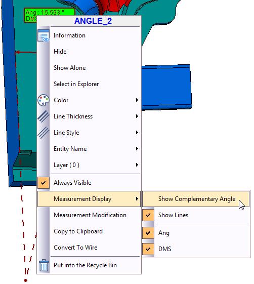 6 - Analysis, Annotation and Measurements 6.1 - Measurements 6.1.3 - Showing Complementary Angle Once you have measured angles on a model, you have the possibility to display the complementary angle: 1.