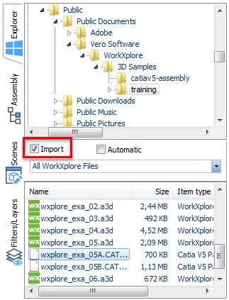 Filtering CAD Files in the Explorer Tab 1. After opening the first model, activate the Import option. 2. Double click on each additional file(s) that you want to import.