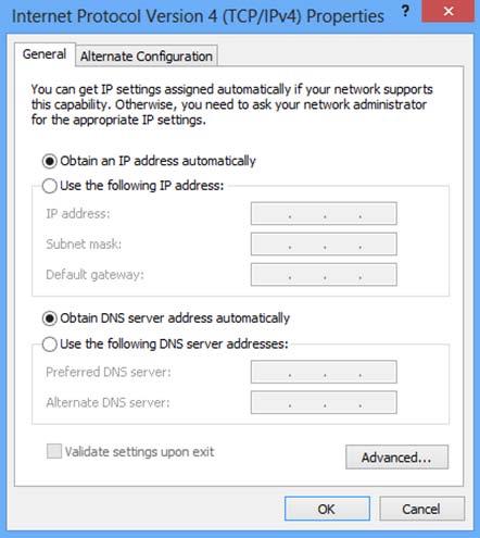 5. In the Internet Protocol Version 4 (TCP/IPv4) Properties window, select Obtain an IP address automatically and Obtain DNS server address automatically as shown on the following screen. 6.