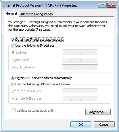 4. In the Internet Protocol Version 4 (TCP/IPv4) Properties window, select Obtain an IP address automatically and Obtain DNS server address automatically as shown on the following screen. 5.