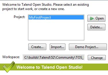 As first time user, you need to set up a new project or you can also import a Demo project which gathers numerous job samples. To select a demo project, select TALENDDEMOSJAVA and click Import.