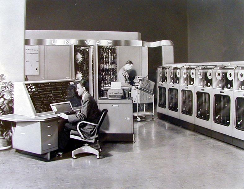 1951 UNIVAC 25 feet by 50 feet in size 5,600 tubes, 18,000 crystal diodes 300 relays Internal storage capacity of 1,008 fifteen bit