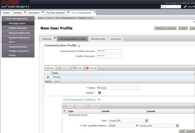 Click the Communication Profile tab and select New (not shown) to define a Communication Profile for a new SIP user.