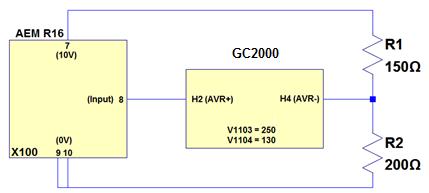 Chapter : Dedicated I/O lines Manufacturer Model AVR gain [E1103] AVR offset [E1104] Terminal H2 Terminal H4 Comment AEM R16 250 130 8 H4 in the midpoint of a resistive bridge between AEM 7 and 9/10