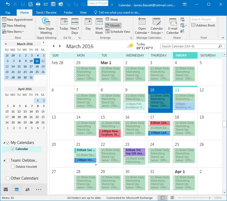 Dates that appear in bold indicate scheduled activities. Arrange Section: Lets you select the calendar view you prefer: Day, Week, Month.