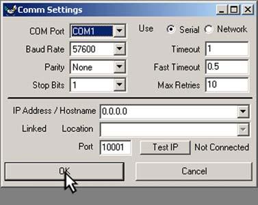 Once the appropriate settings have been entered, click the OK button to accept the settings and exit the Comm Settings window.