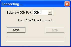 Step 5 Autoconnect 1. In the Connecting... dialog, if your communications port is not the default COM1, use the pull down arrow to change your communications port. 2. Click the Start button.