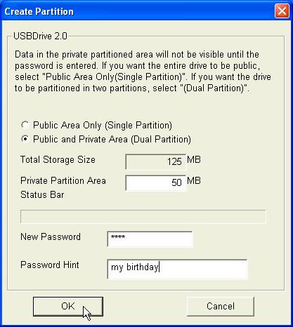 To partition your JetFlash to Public and Private Area, select Public and Private Area and enter the memory sizes to be apportioned to the Private Partition Area. i. ii. iii.