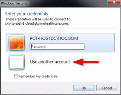 3. The next screen will prompt for your login credentials. Choose Use Another Account 4. For the User name type in SKYLINE\ and then your user name that was provided to you.