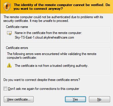 The next screen you may see is warning you that the security certificate does not match the name of the server. This is OK.