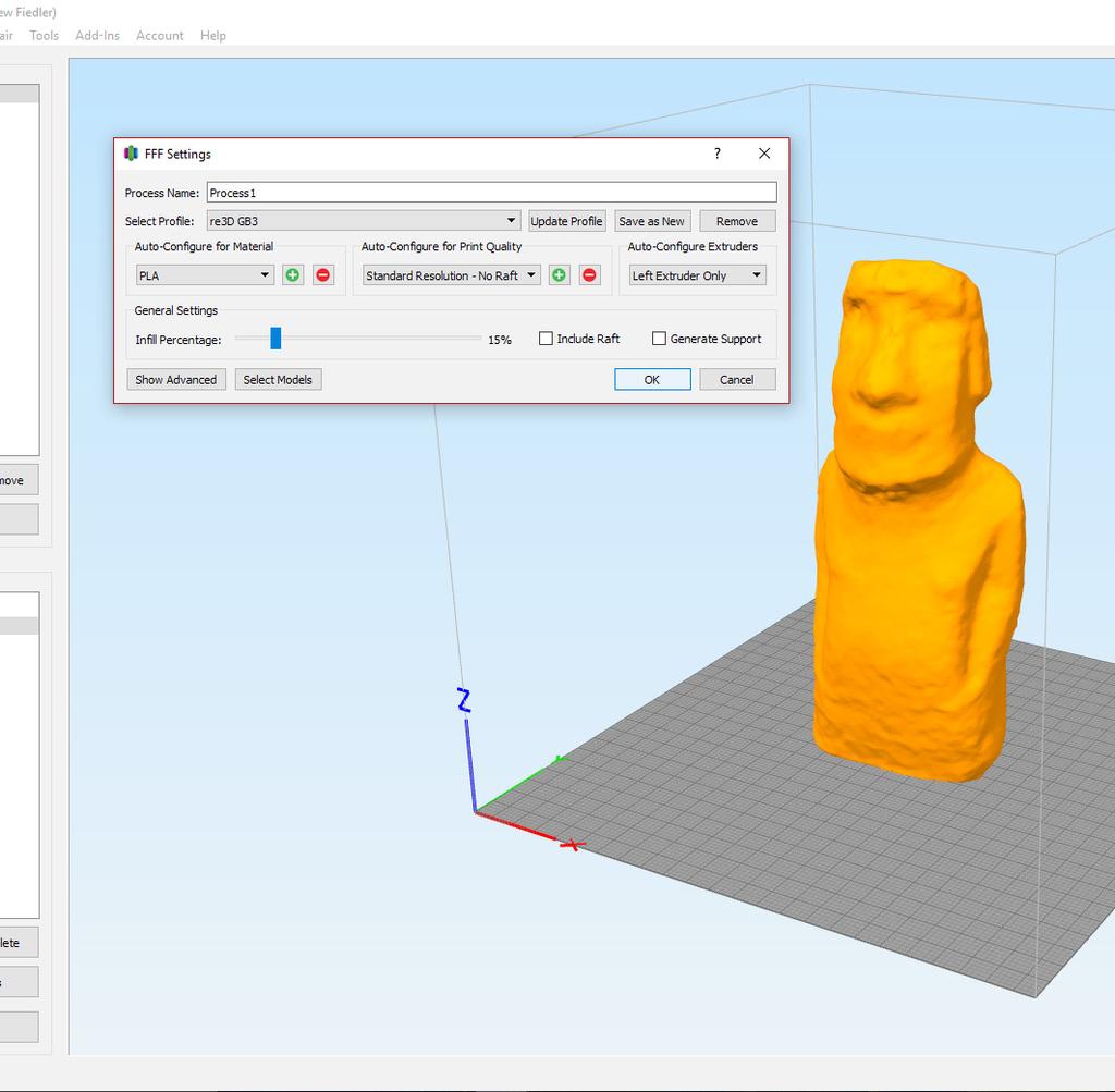 e1 Import your.stl file into Simplify3D. Orient the part as desired in the workspace.
