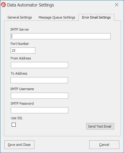 4. Open the Error Mail Settings tab: Enter the following on the Error Email Settings tab so that emails can be sent to the specified recipient when errors occur.