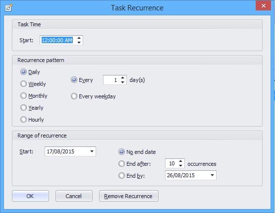 If the task needs to reoccur click the Recurrence button. 4. Complete the Appointment Recurrence settings: Start Recurrence pattern Range of recurrence Time for the import run.