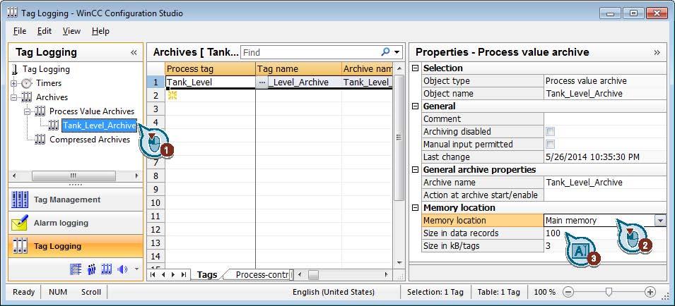 Archiving and displaying values 6.6 Editing the process value archive 4. Click in the navigation area on the created process value archive "Tank_Level_Archive".