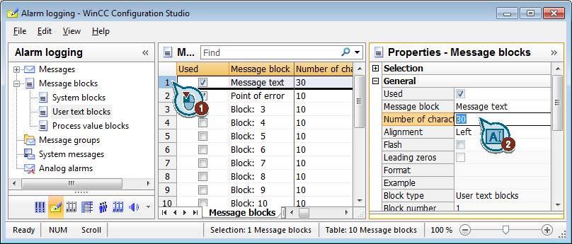Configuring messages 8.4 Configuring message blocks 3. Select the entry "User text blocks" in the navigation area. Activate the blocks "Message text" and "Fault Location". 4.