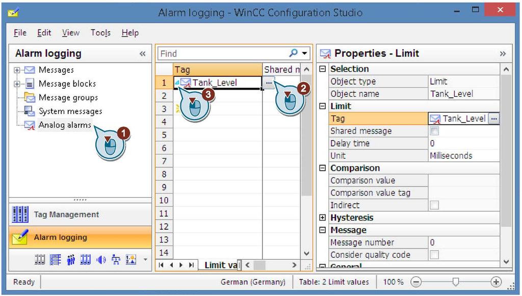 Configuring messages 8.6 Configuring analog messages Procedure 1. Select the "Limit value monitoring" folder in the navigation area. 2.