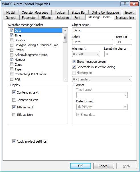Configuring messages 8.8 Configuring the Process Screen 4. Click on the "Message blocks" tab.