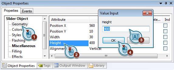 The dynamization of the slider object allows the transfer of values to the internal tag "Tank_Level".