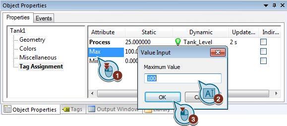 Analog to step 6, set 0 as a "Minimum value". Result You have connected the internal tag "Tank_Level" to the graphic picture of a water tank.