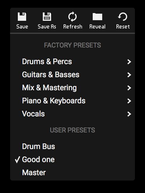 2.3. Preset manager The preset manager gives you access to the plug-in presets, divided into factory presets and your own user presets.