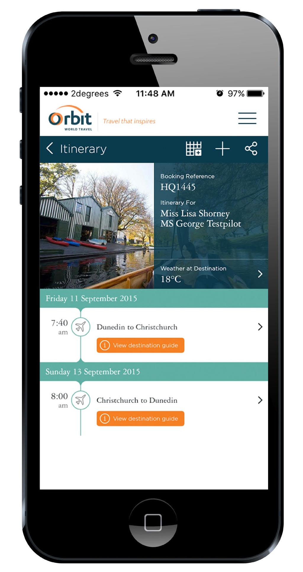 Key Features Itinerary Everything booked through Orbit appears in the itinerary of the App. Adding events to your itinerary While the itinerary will show your flights, accommodation etc.
