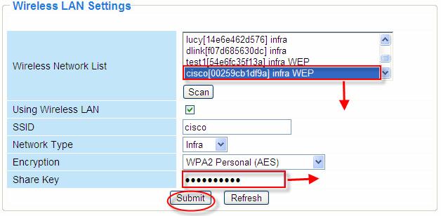 8 Wireless LAN Settings Step 02) Click the SSID of your router in the list, the corresponding information (SSID & Encryption) will be filled in the following boxes automatically.