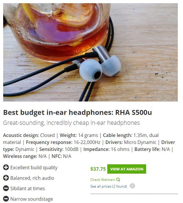 Headphones RHA S500u Frequency 16-22,000Hz Sensitivity 100db/mW Impedance 16