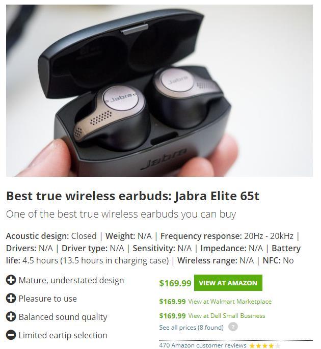 Headphones Jabra Elite 65t Frequency 2-20,000 Hz Sensitivity N/A Impedance 32 ohms
