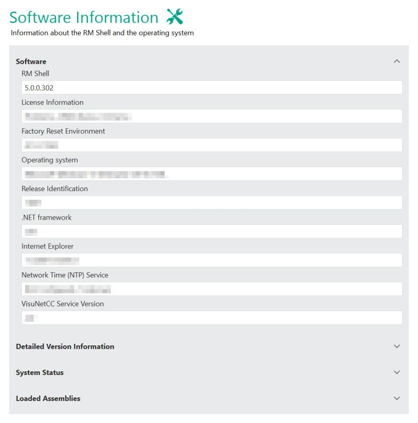 About App 3.3 Software This submenu provides information on the RM Shell version, operating system, system status, and loaded assemblies.