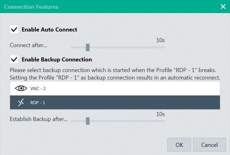 Profiles Management App 4. Choose a backup profile from the list that will be started if the connection of the selected profile fails. 5. Use the "Establish Backup after.
